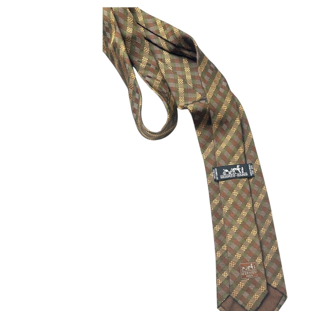 Hermès Paris Silk Tie Brown Gold Geometric Pattern Made in France Authentic - Picture 11 of 17